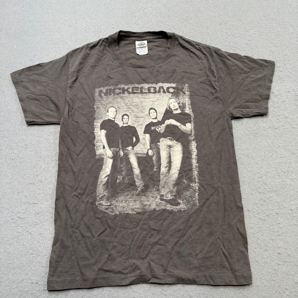 Y2K Nickelback Band T-Shirt Men's Small Gray Rockstar Lyrics Double Sided Merch